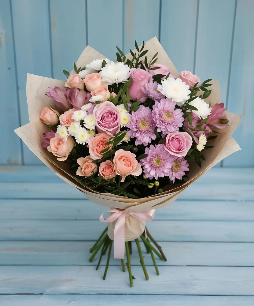 Букет цветов из: Хризантемы, Розы и Альстромерии в Бугры Ленинградская область