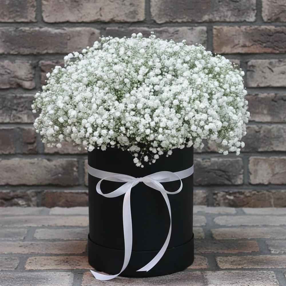 Цветочная композиция из Гипсофила в шляпной коробке в Бугры Ленинградская область