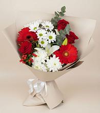 Букет цветов из:  Розы, Хризантемы, Герберы и Лилии в Бугры Ленинградская область