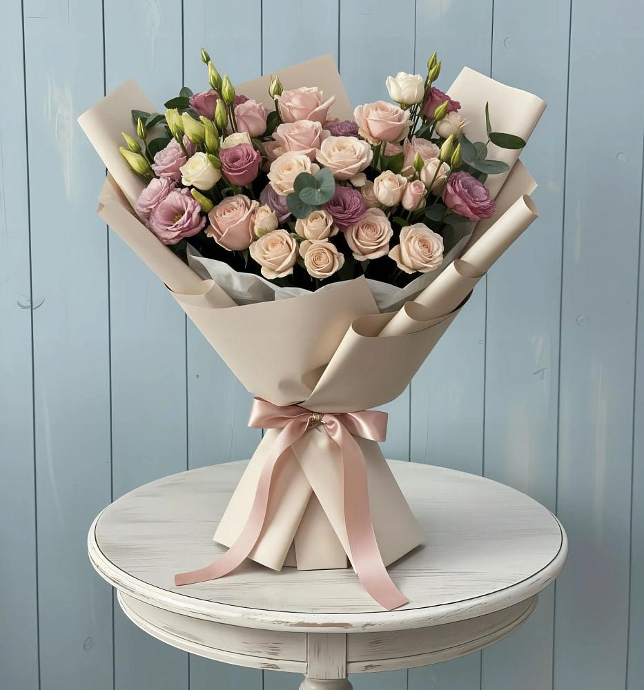 Букет цветов из: Розы и Лизиантусы в Бугры Ленинградская область