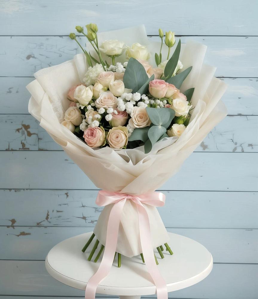 Букет цветов из: Розы и Лизиантусы в Бугры Ленинградская область