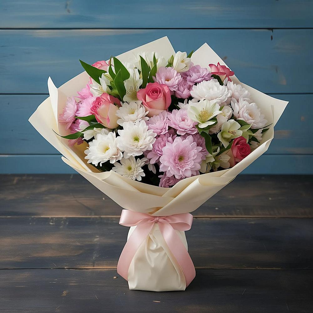 Букет цветов из: Хризантемы, Альстромерии и Розы в Бугры Ленинградская область